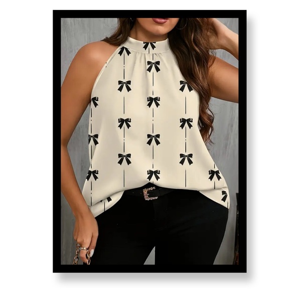 Tops - Women’s Plus Size Elegant Cream and Black Bow Print Blouse